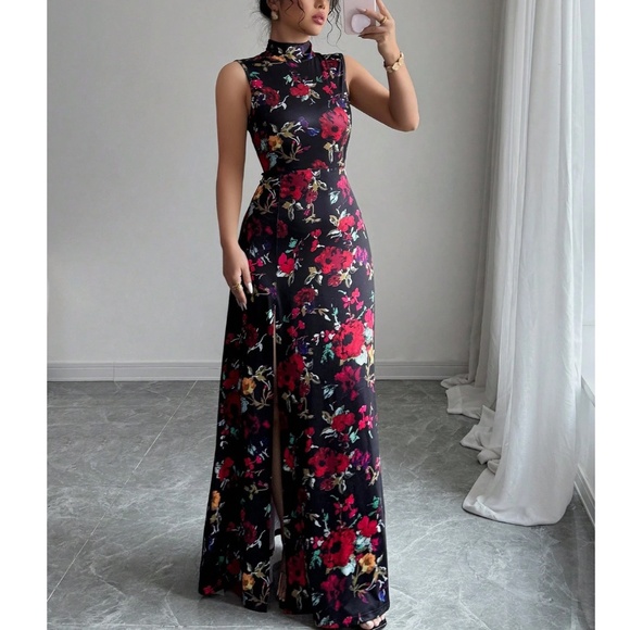 Boho Floral Print Split thigh Backless Sleeveless Maxi Dress - Picture 4 of 5